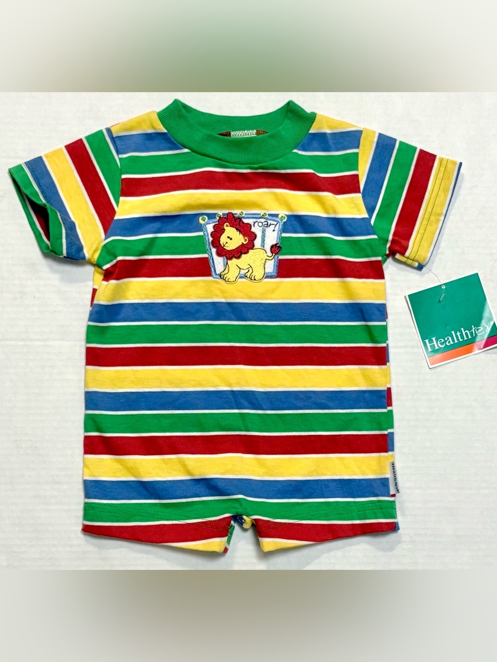 Vintage Healthtex Baby Boy Romper size 12M Embroidered Lion Striped NWT